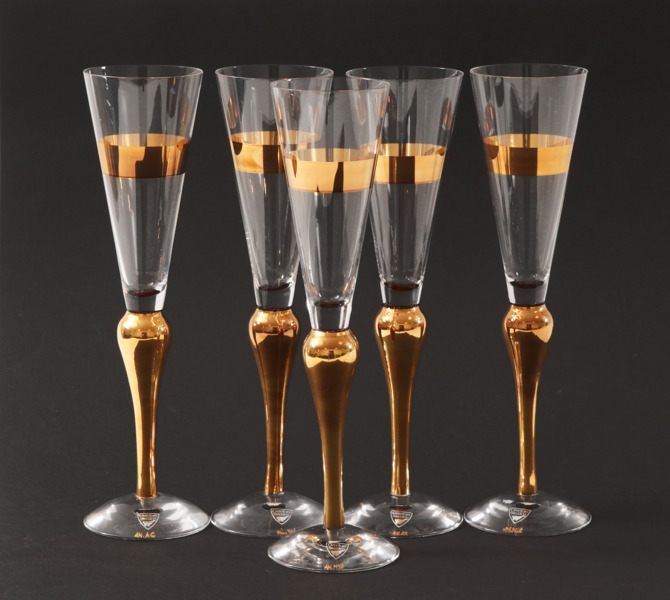 Champagneglas 5st, "Clown Gold", Anne Nilsson för Orrefors