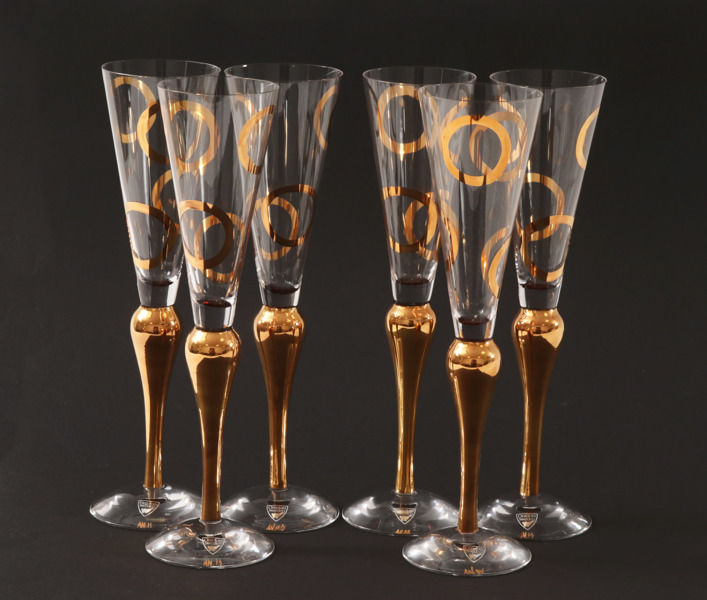 Champagneglas 6st, "Clown Gold", Ann Nilsson för Orrefors