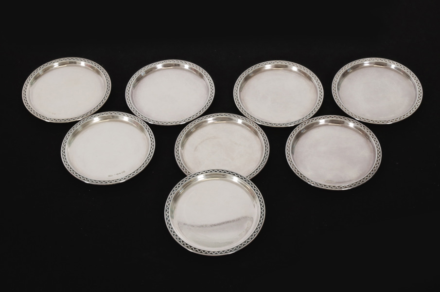 Coasters 8st, silver, GAB, bl.a. 1958