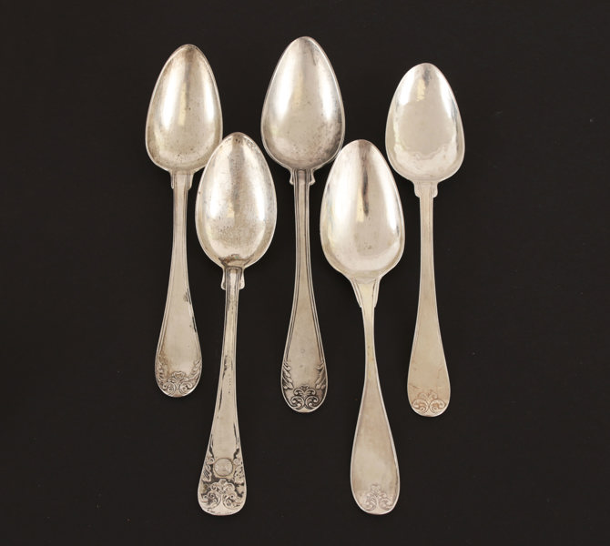 Matskedar 5st, silver, 1800-tal