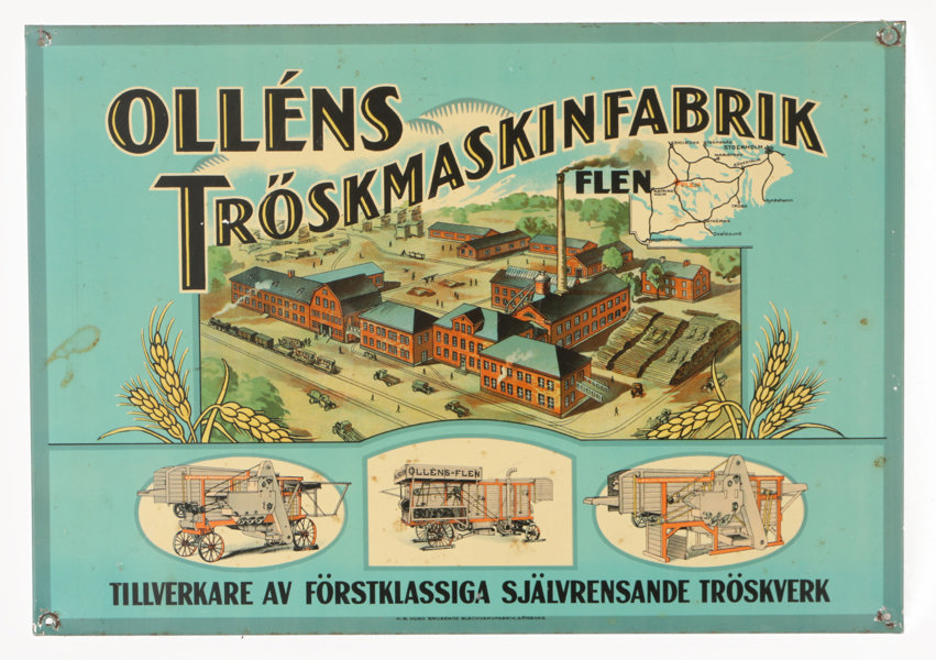 Skylt, Olléns Tröskmaskiner, Flen, tidigt 1900-tal