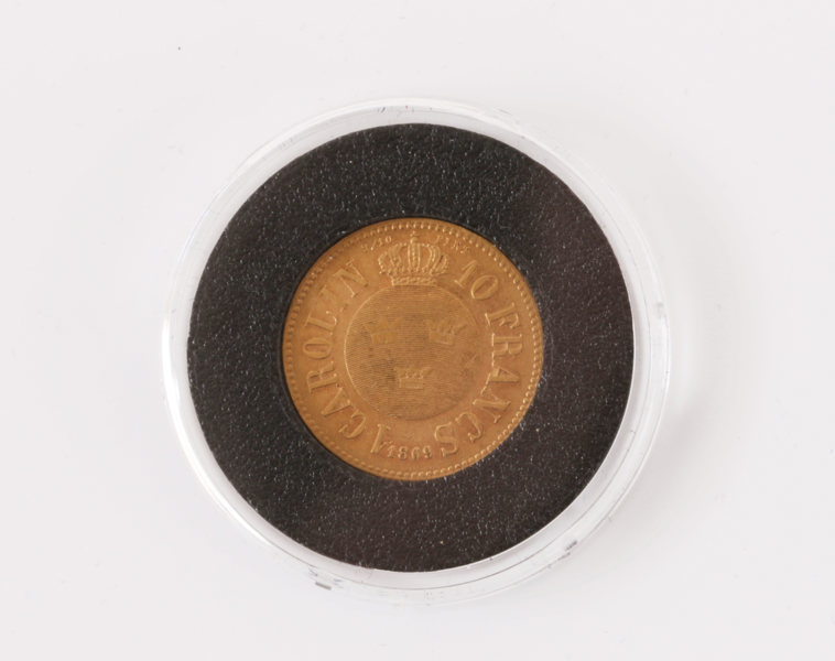 Guldmynt, 1 carolin / 10 francs, Carl XV, 1869