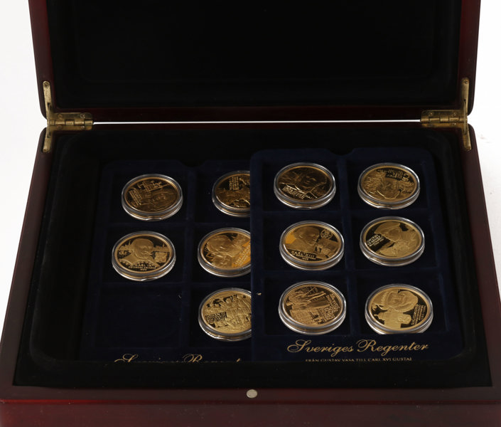 Myntsamling 11 delar, "Sveriges Regenter", förgyllt silver