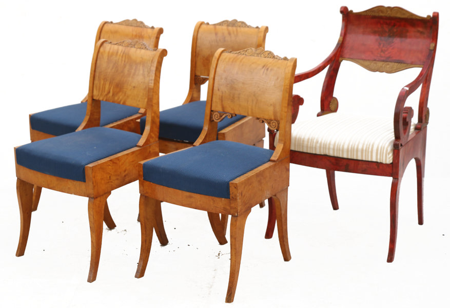 Stolar 4st samt karmstol, Biedermeyer, Baltikum, 1800-tal