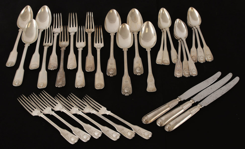 Bestickservisdelar, silver, "Engelsk Snäcka", bl.a. Gustaf Möllenborg, 1800-tal