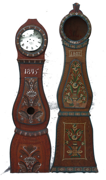 Golvursfodral 2st, allmoge, daterade 1807 respektive 1845