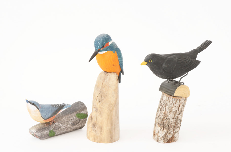 Träskurna fåglar 3st, bl.a. Kjell Wågberg