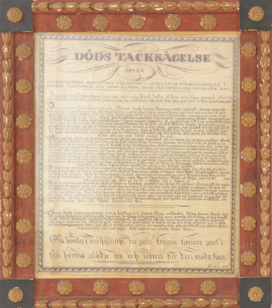 Dödstacksägelse-tavla, daterad 1836