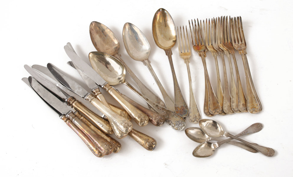 Bestickservisdelar, silver, "Gammal Fransk", bl.a. 1800-tal