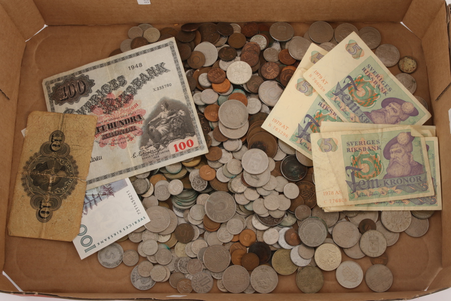 Parti mynt och sedlar, enstaka i silver