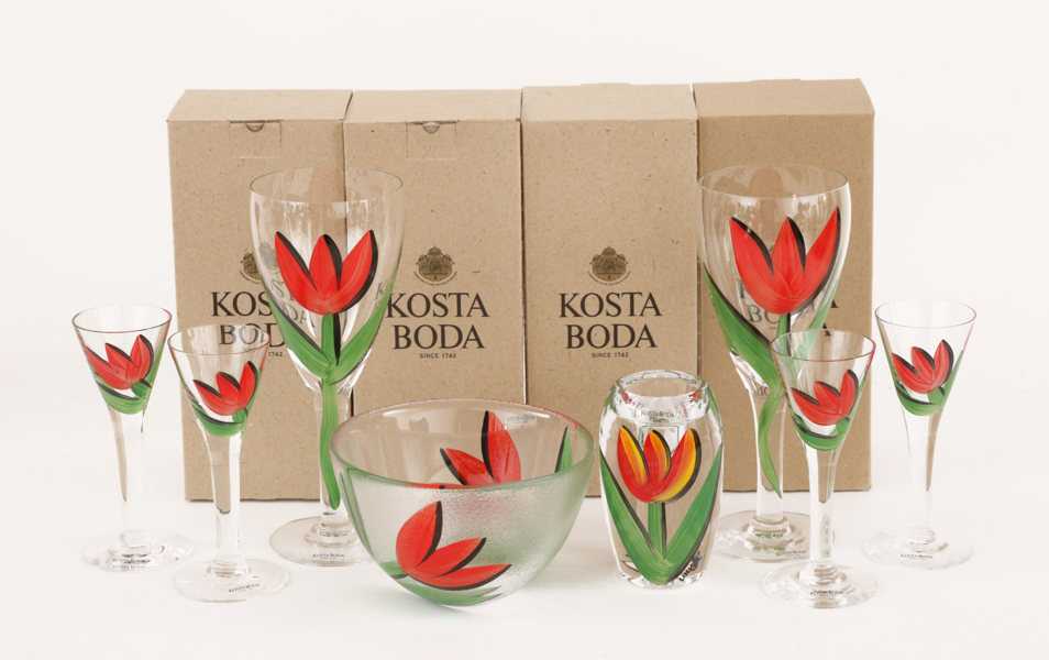 Glas 11 delar, "Tulpan", Ulrica Hydman Vallien för Kosta Boda