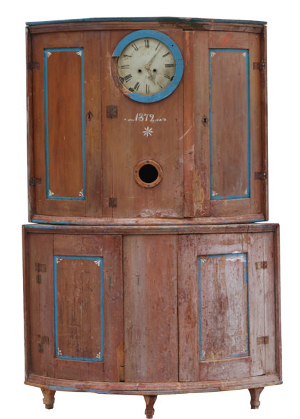 Klockskåp för hörn, allmoge, daterat 1876