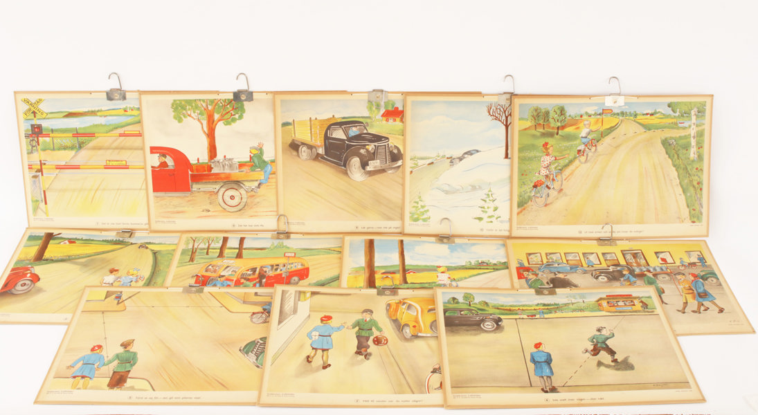 Planscher 12st, "Småskolans Trafikbilder", PA Norstedt, 1948