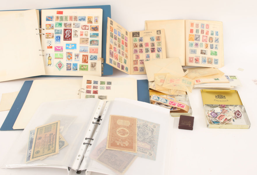 Parti frimärken, sedlar, m.m.