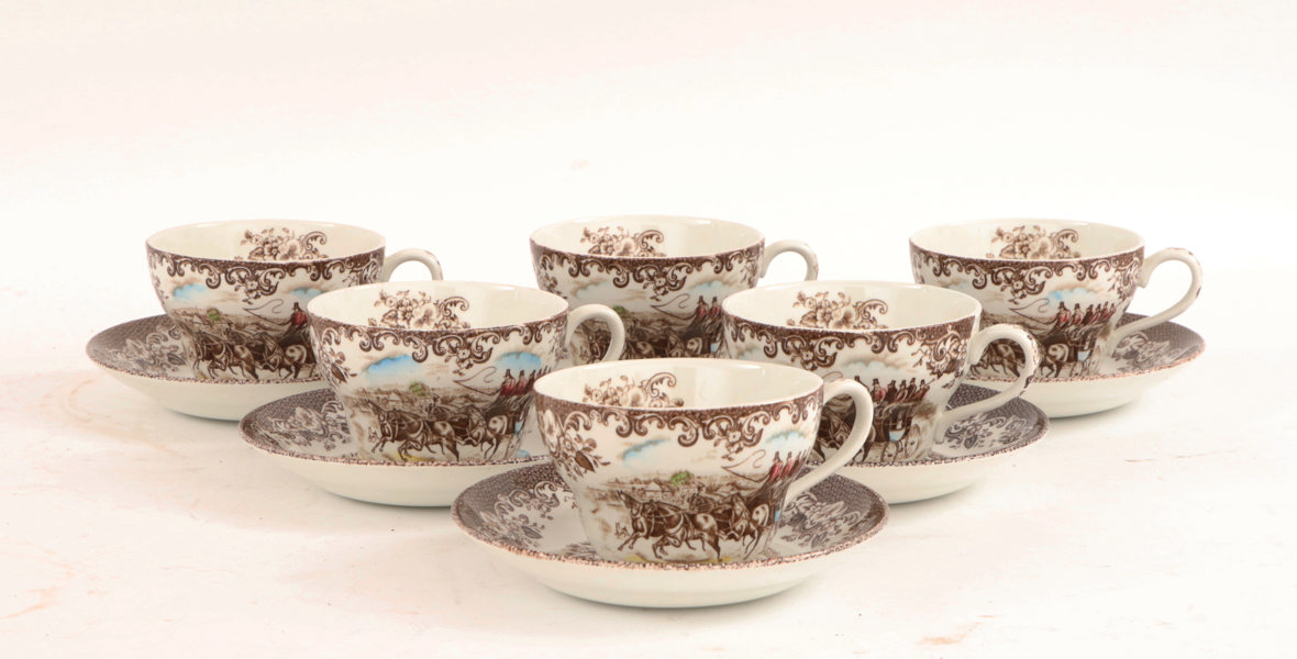 Tekoppar med fat 6st, "Coaching Scenes", Johnson Bros, England