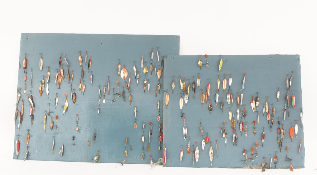 Parti äldre fiskedrag, bl.a. Abu, Sølvkroken