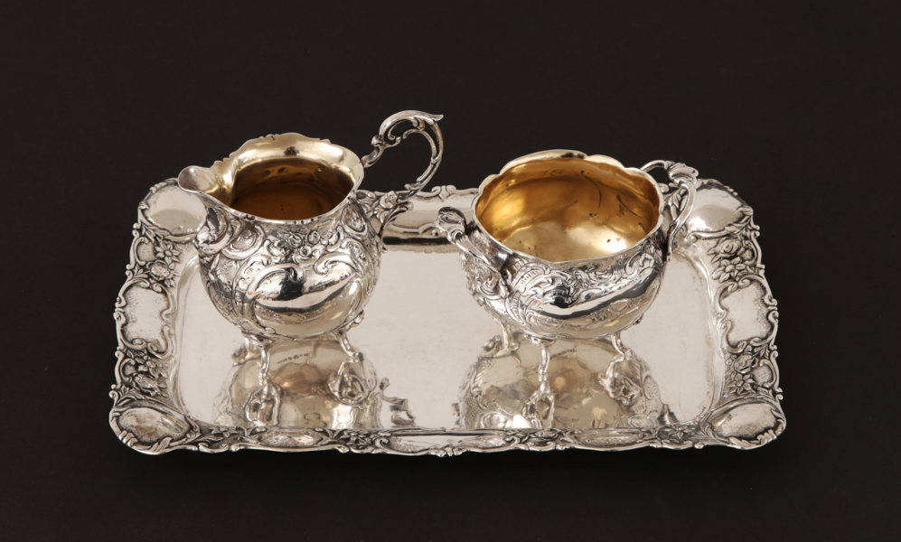 Sockerskål och gräddkanna med bricka, silver, Gewe, 1950