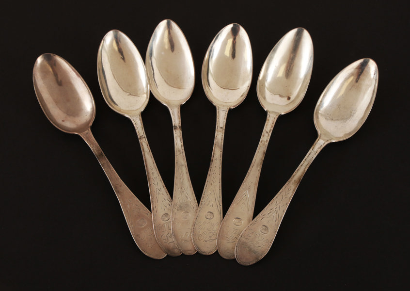 Matskedar 6st, silver, mestadels 1797