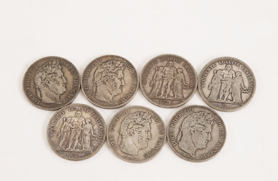 Silvermynt 7st, 5 francs, Frankrike, 1800-tal