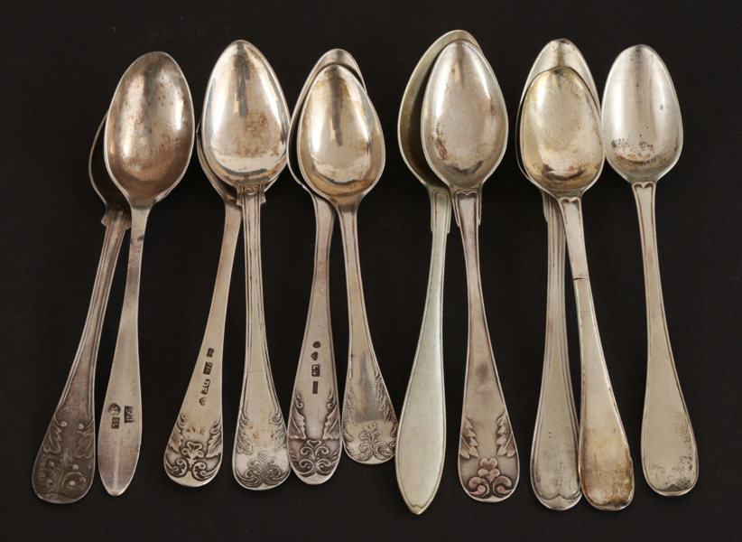 Teskedar 11st, silver, mestadels 1800-tal