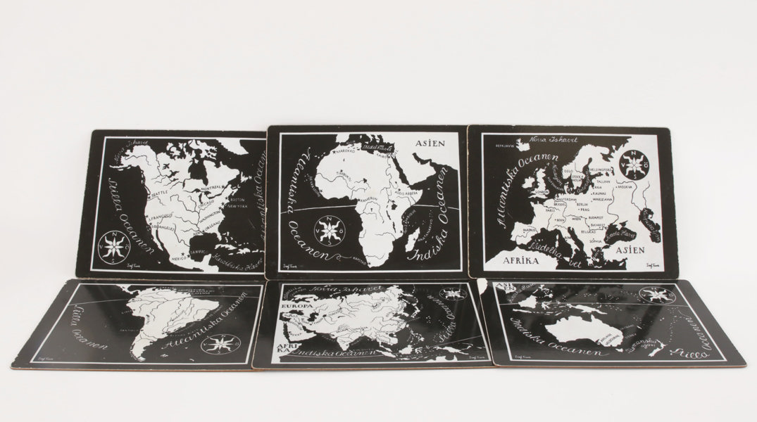 Underlägg 6st, "Världskarta", Josef Frank för firma Svenskt Tenn