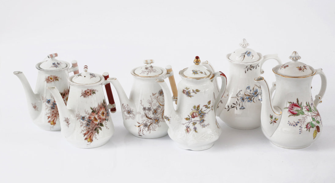 Kaffekannor 6st, Rörstrand, omkring år 1900