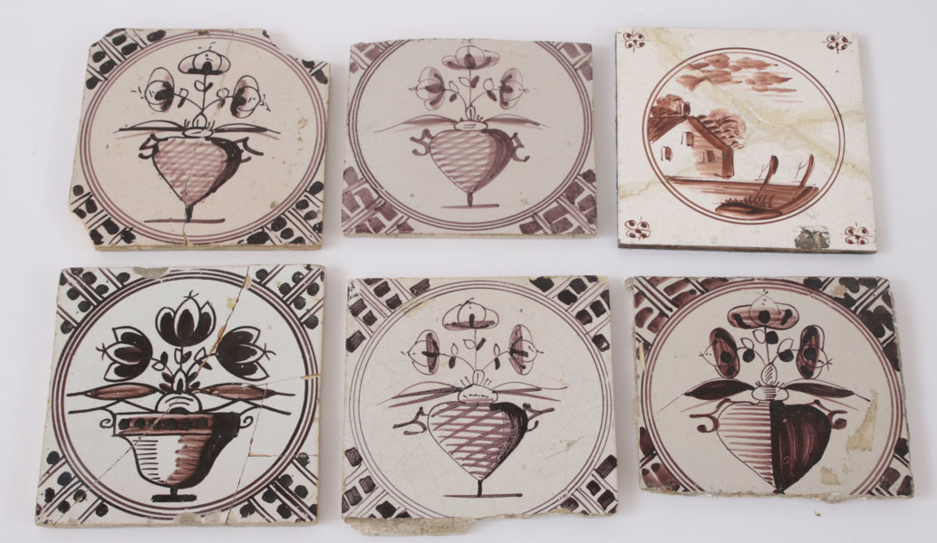 Kakelplattor 6st, fajans, 1700-tal