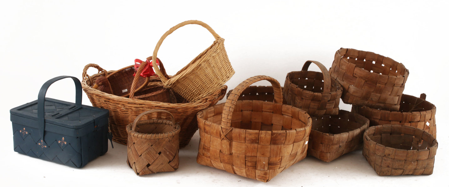 Flätade korgar 15 delar, bl.a. 1800-tal