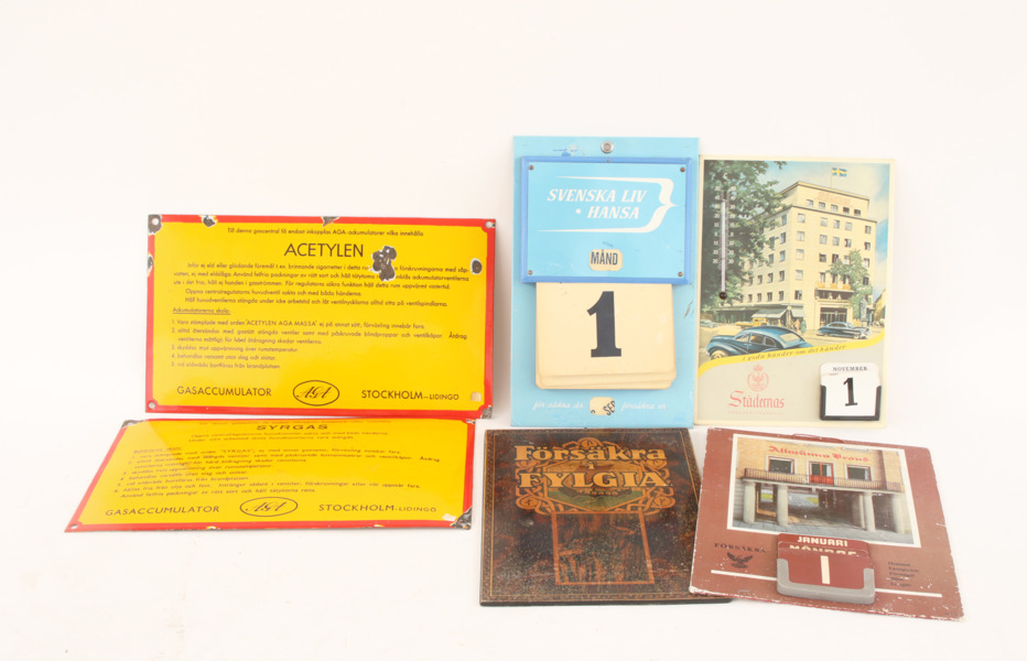 Skyltar och almanackor 6 delar, bl.a. Fylgia