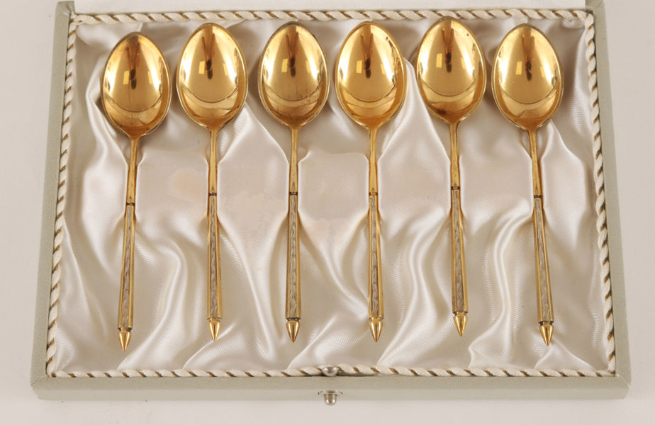 Moccaskedar 6st, förgyllt sterlingsilver, Sörensen, Danmark