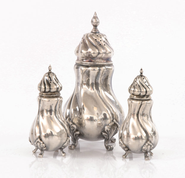Socker-, salt- och pepparruska, silver, rokokostil, 1900-tal