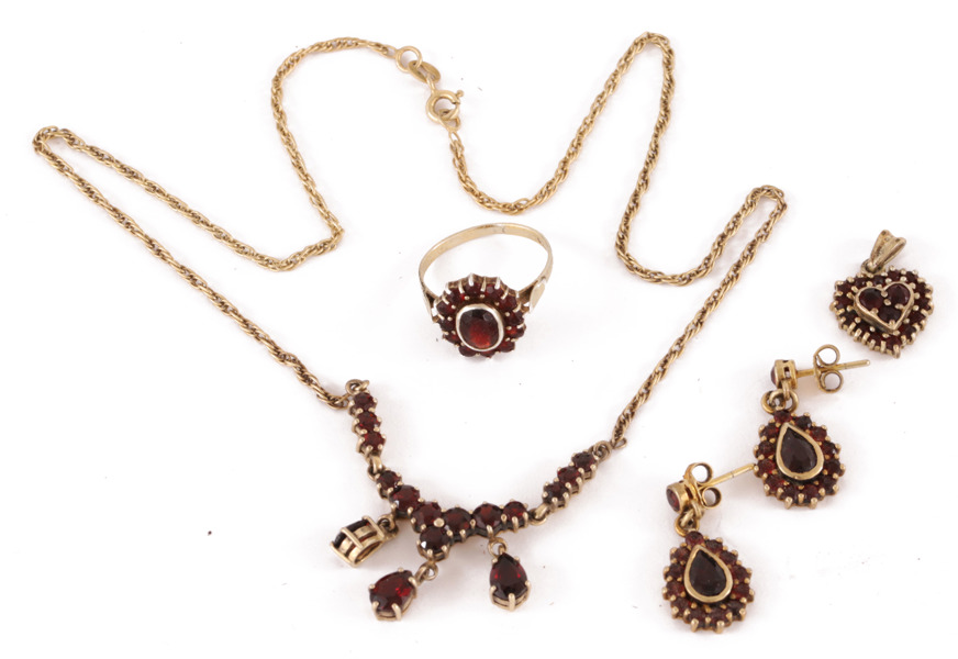 Granatsmycken 5 delar, förgyllt sterlingsilver