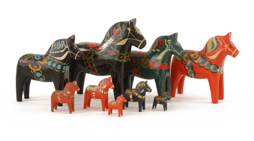 Dalahästar 9st, bl.a. Erik Pell