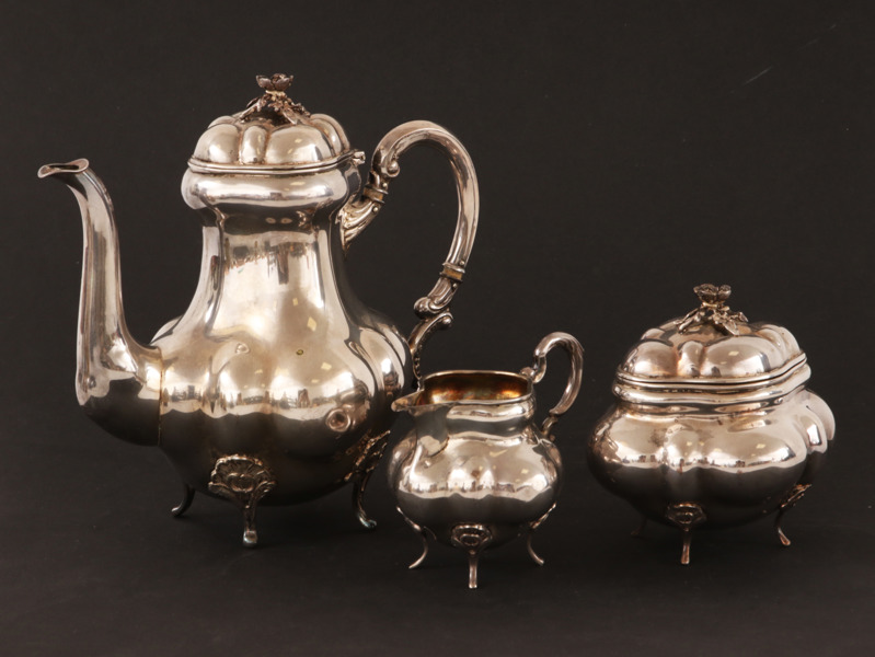 Kaffeservis 3 delar, silver, rokokostil, 1900-tal