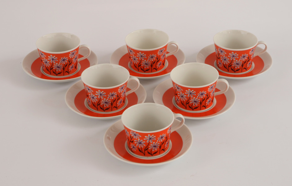 Kaffekoppar med fat 6st, "Palma Röd", Rörstrand