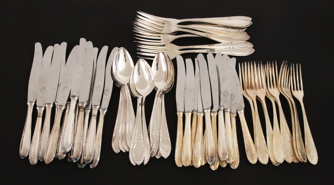 Bestickservisdelar, "Slottsbarock", nysilver, C.G.Hallberg