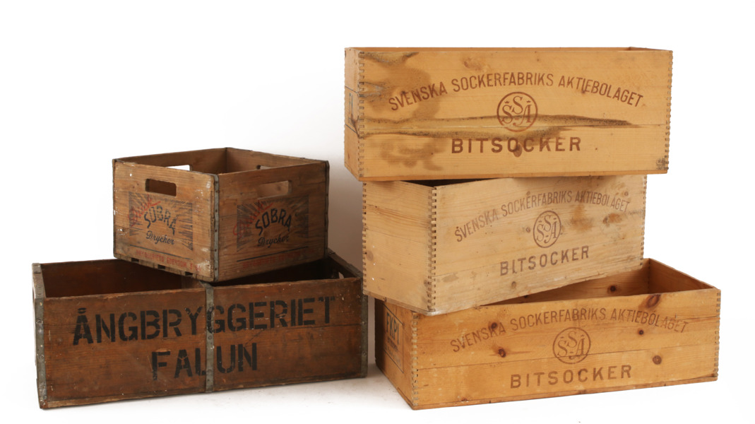 Trälådor 5st, bl.a. Ångbryggeriet i Falun