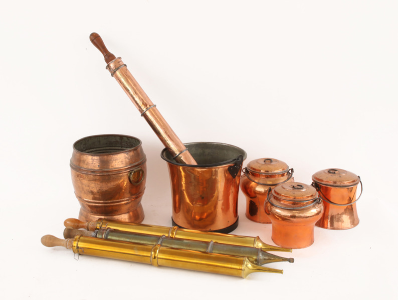 Koppar- och mässingsföremål 9st, 18/1900-tal