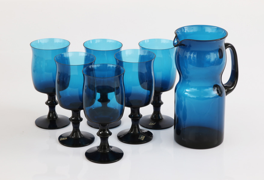 Vinglas 6st samt kanna, "Basun", Bertil Vallien för Åfors