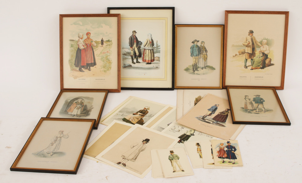 Parti grafiska blad med folkdräktsbilder