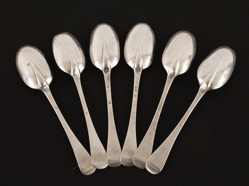 Råttsvansskedar 6st, sterlingsilver, England, 1700-tal