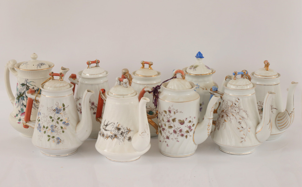 Kaffekannor 9st, bl.a. Rörstrand, 18/1900-tal