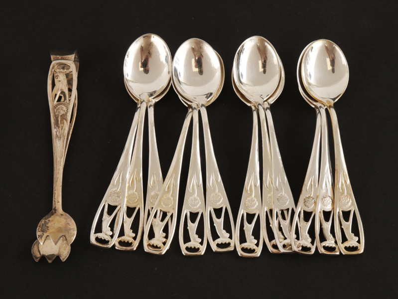 Moccaskedar 12st samt sockertång, silver