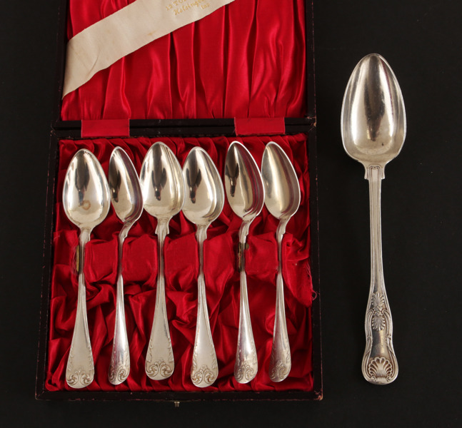 Teskedar 6st samt bordssked, silver, bl.a. Gustaf Möllenborg