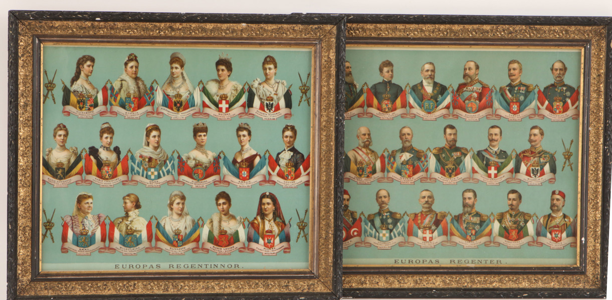 Tryck ett par, "Europas Regenter" och "Sveriges Regentinnor", omkring år 1900