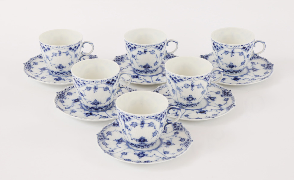 Kaffekoppar med fat 6st, "Musselmalet", Royal Copenhagen, Danmark