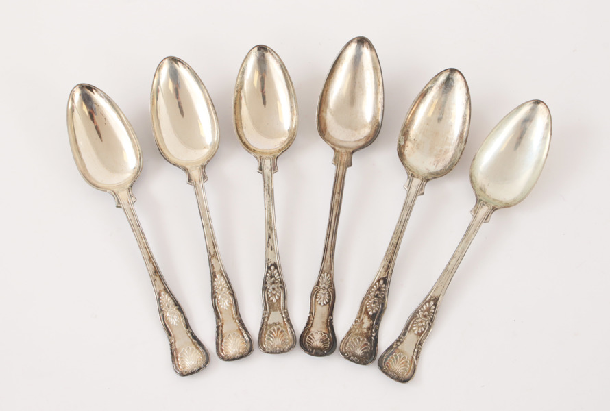 Matskedar 6st, silver, "Engelsk Snäcka", 1800-tal