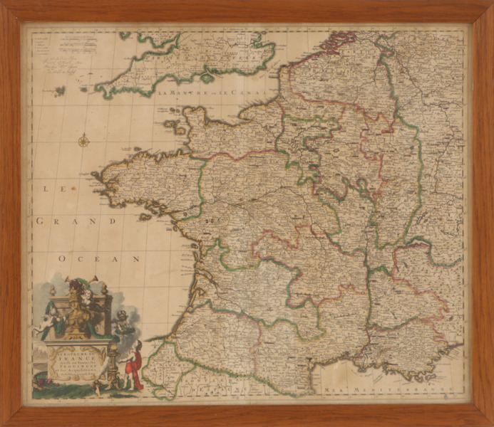 Handkolorerad karta, Frankrike, 17/1800-tal