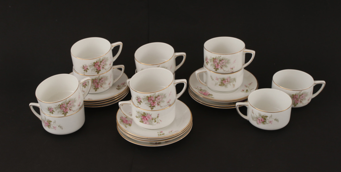 Tekoppar med fat 12st, Rörstrand, tidigt 1900-tal