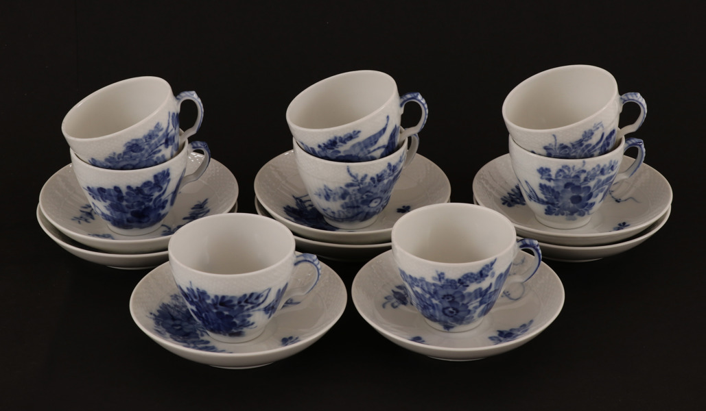 Kaffekoppar med fat 8st, "Blå blomster", Royal Copenhagen